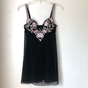 Parisa Vintage Y2K 00s Black Floral Embroidered Sheer Mesh Babydoll 34B